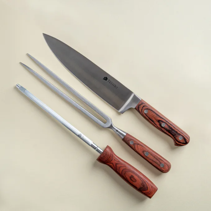 Set x3 piezas Madera Cuchillo / Trinche / Chaira